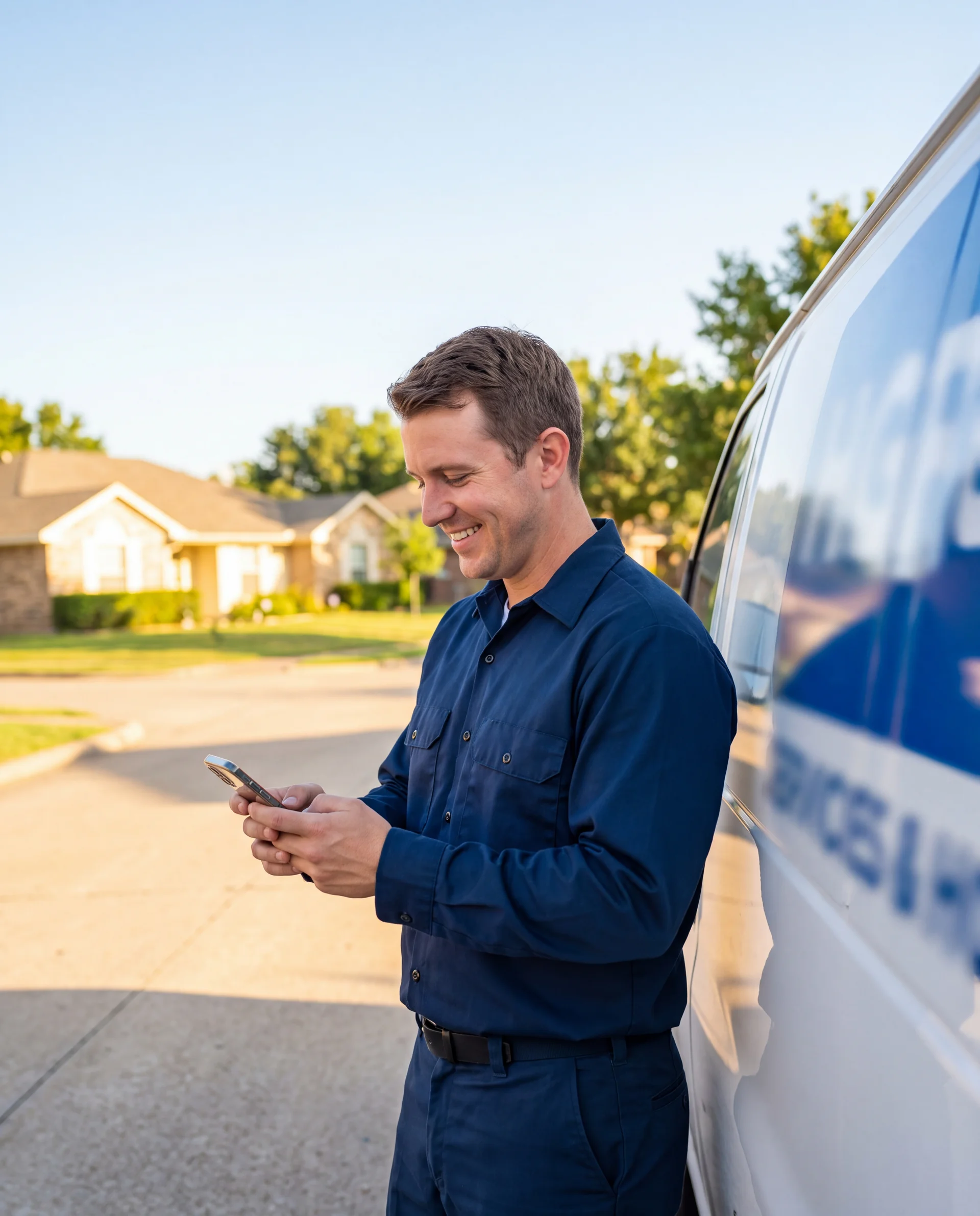 HVAC contractor standing next to service van holding smartphone — Plopjoy web design and local SEO for service businesses in Texas