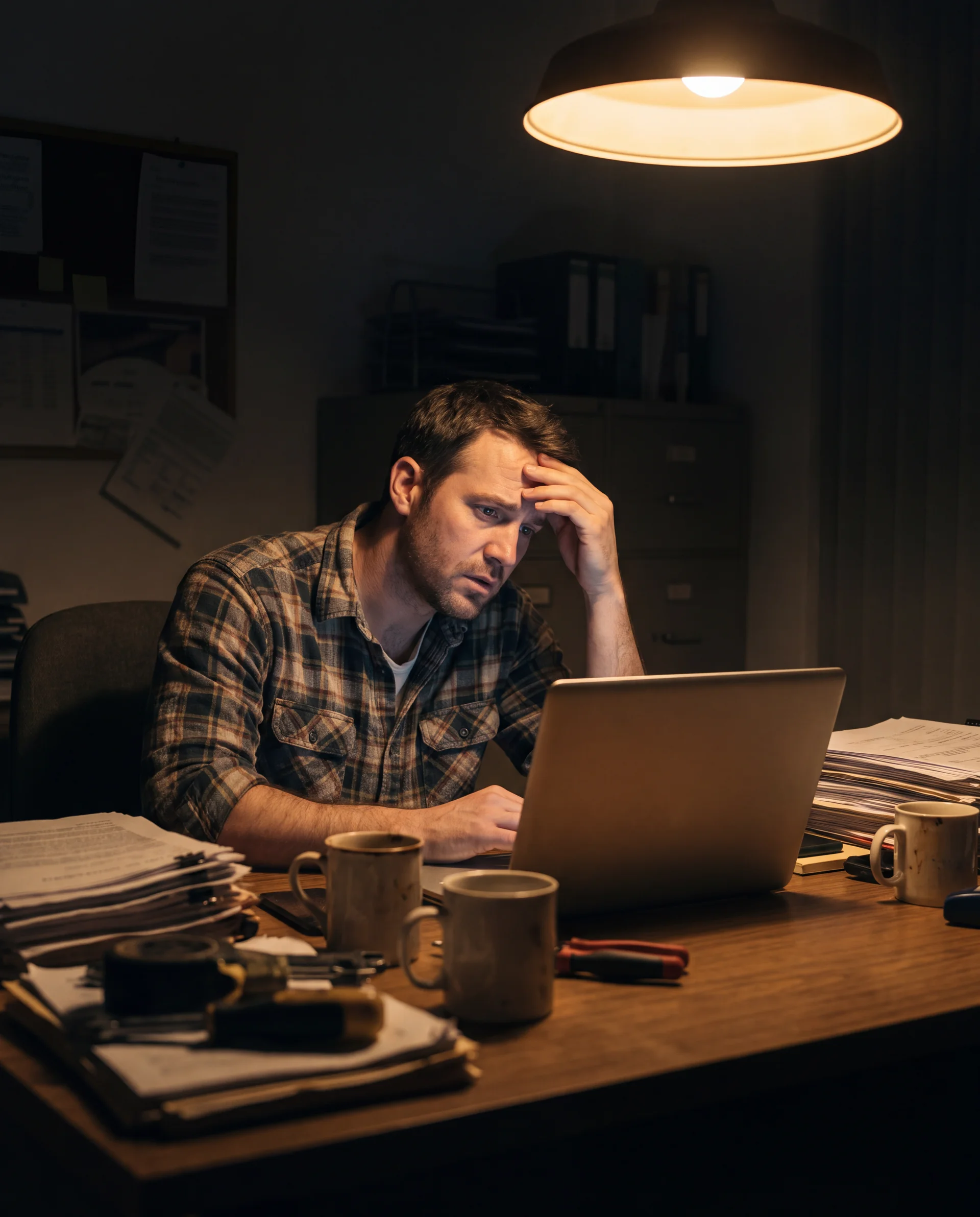 Small business owner frustrated at laptop unable to find his business on Google — Plopjoy fixes local search visibility