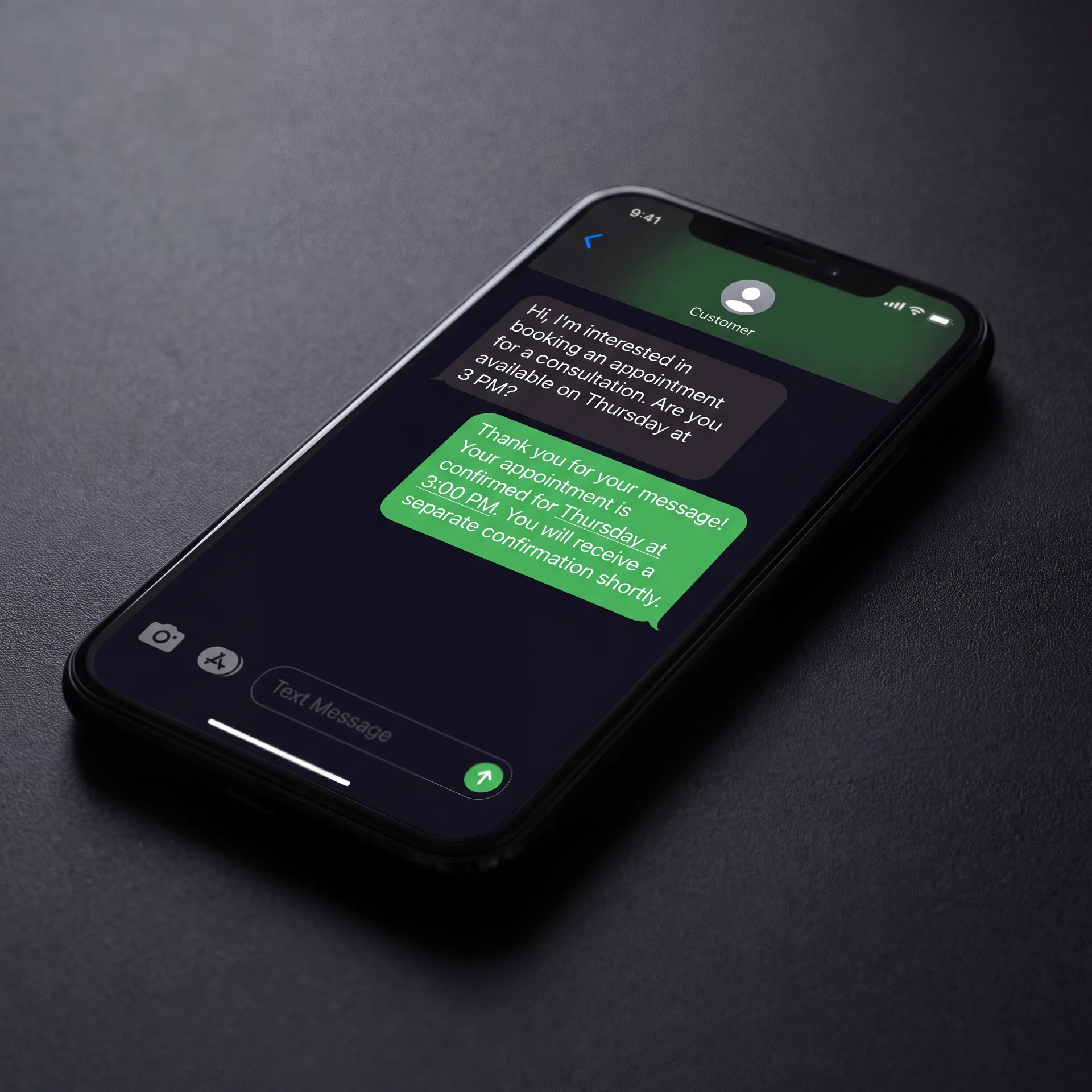 Smartphone screen showing automated AI lead follow-up text message thread — Plopjoy AI receptionist system for local service businesses