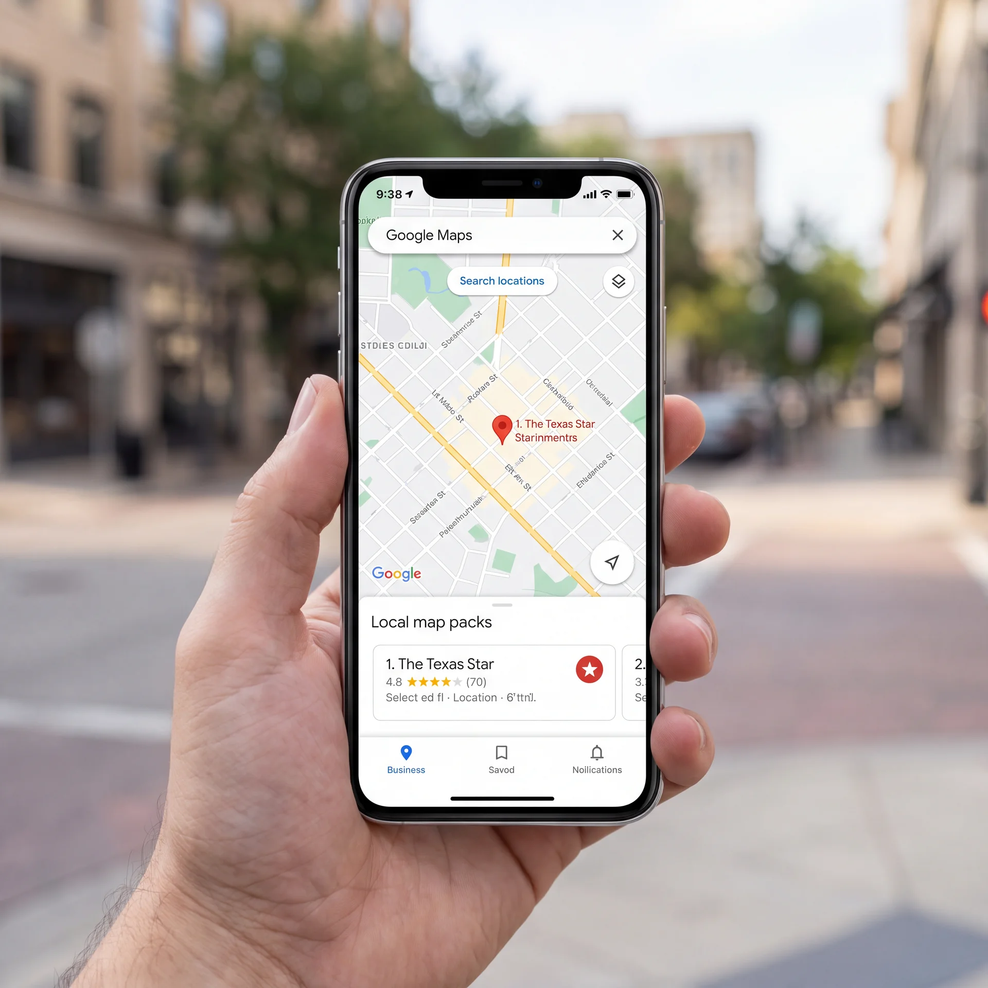 Smartphone showing Google Maps local pack with business ranked number 1 — Plopjoy local SEO Google Map Pack optimization Texas